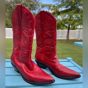 Beautiful red leather cowboy boots.
